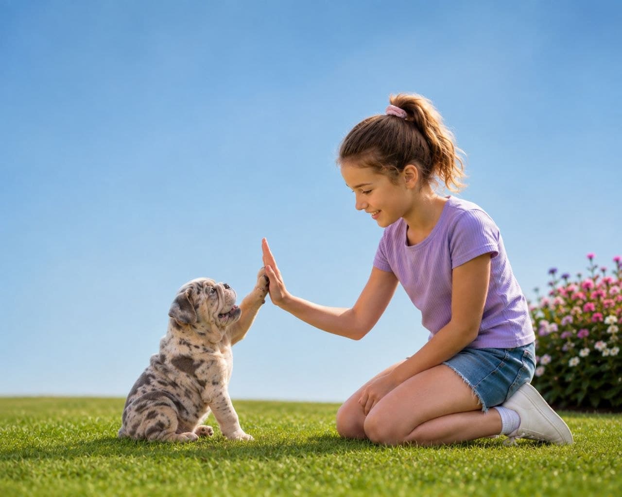 Young girl training a bulldog puppy outdoors with a high-five during early puppy training