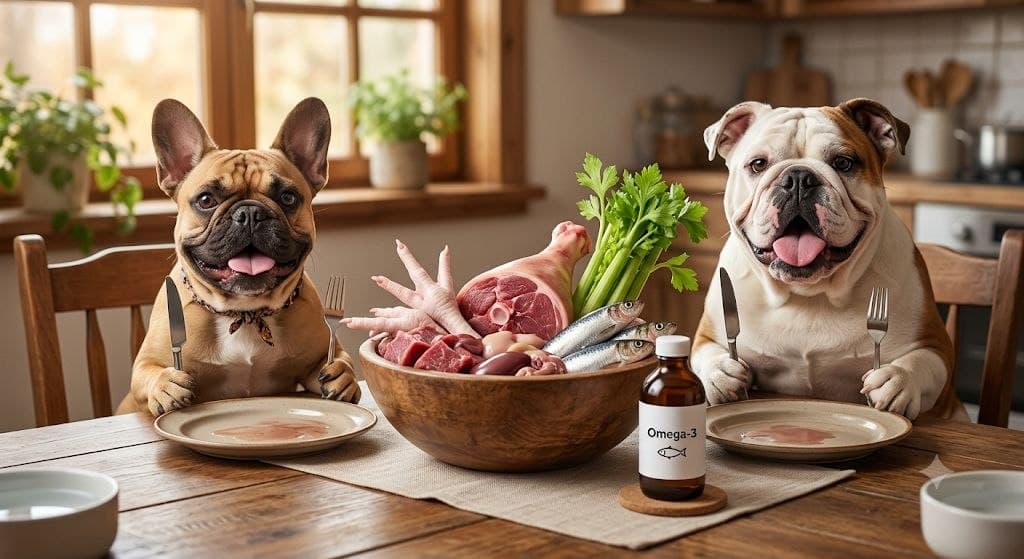 French Bulldog and English Bulldog with fresh raw food, meat, organs, fish, vegetables, and supplements for a bulldog nutrition article.
