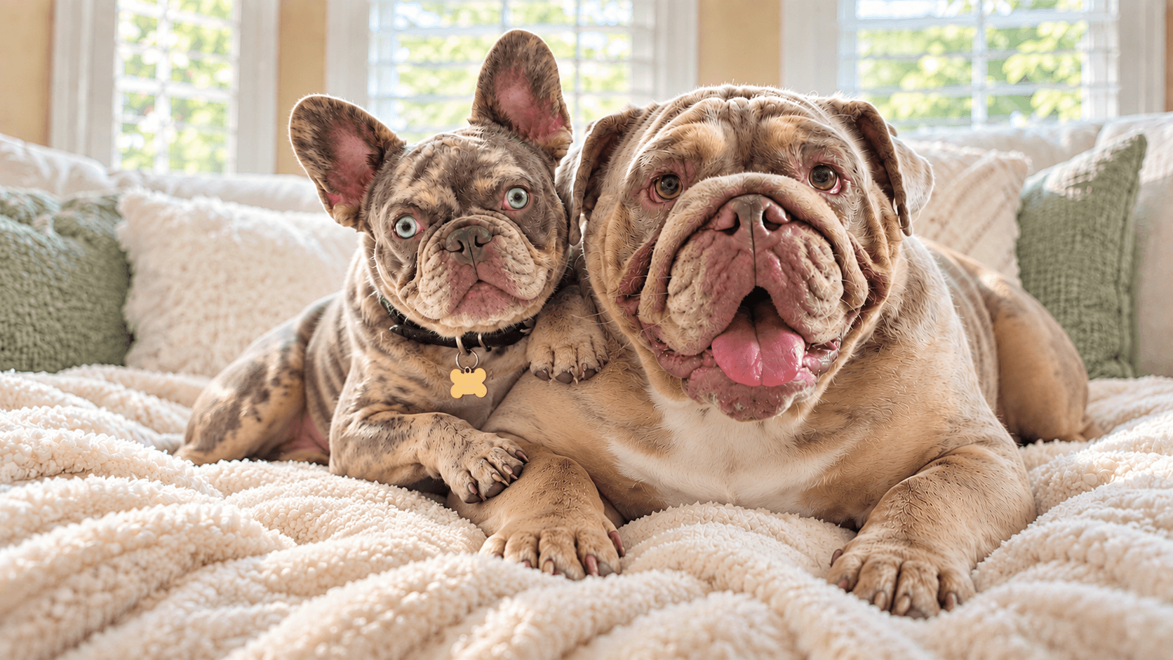 French Bulldog and English Bulldog lying together on a sofa for a breed comparison guide.
