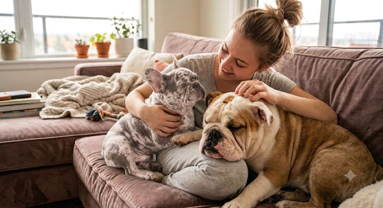 French Bulldog and English Bulldog relaxing together comfortably on a couch, illustrating a new-owner care guide.